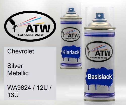 Chevrolet, Silver Metallic, WA9824 / 12U / 13U: 400ml Sprühdose + 400ml Klarlack - Set, von ATW Autoteile West.